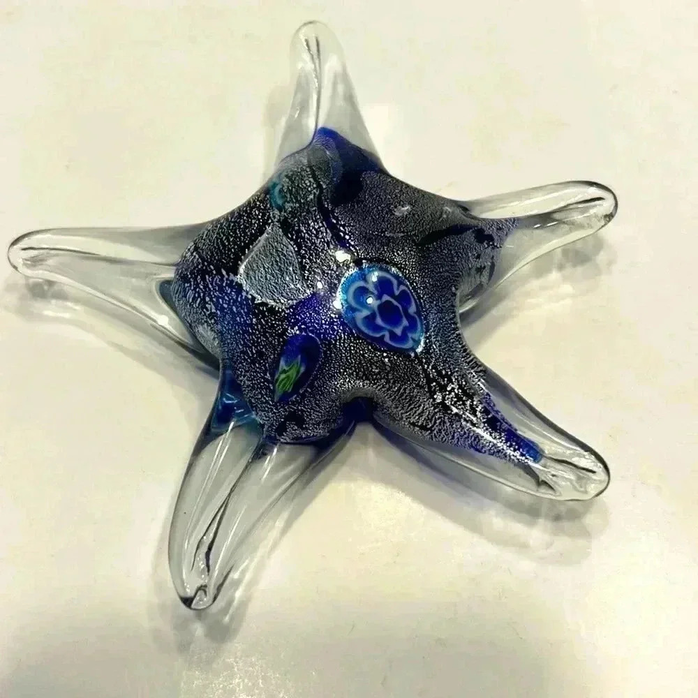 Art glass cobalt blue milliefiori silver Starfish Paperweight Murano style